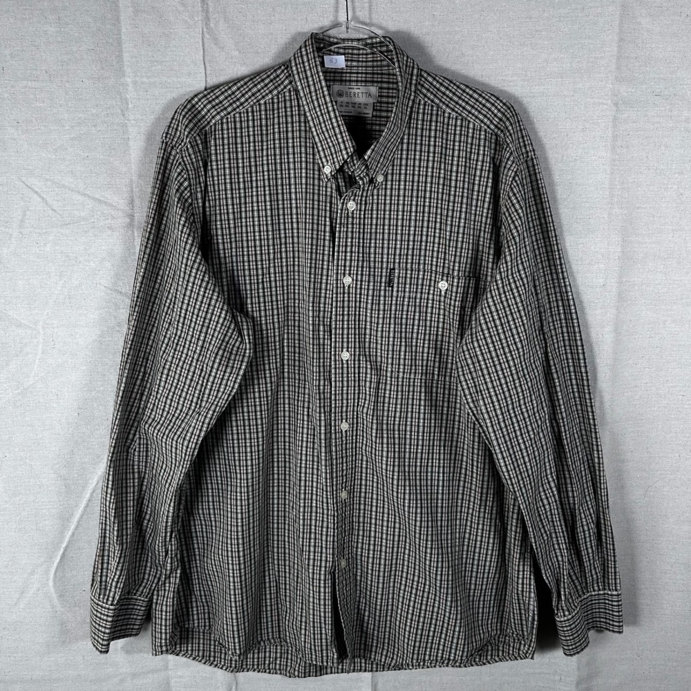 Beretta Mens XL Plaid Button Down Shirt Long Sleeve Cotton Olive Black Red